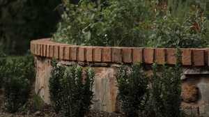 Circular stone raised bed with brick coping and young box hedging in the finished formal garden