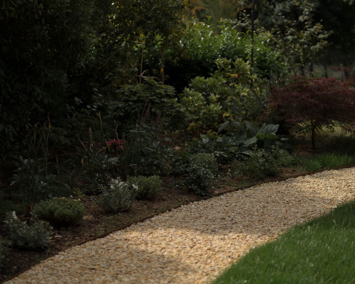 Gravel path curving past a deep mixed border with a Japanese maple and metal arch