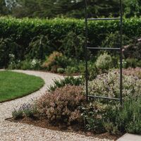 Curved gravel path edging the circular lawn beside lavender and perennial planting