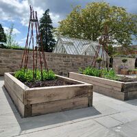 Two wooden raised garden beds with plants, surrounded by a stone wall and trees.
