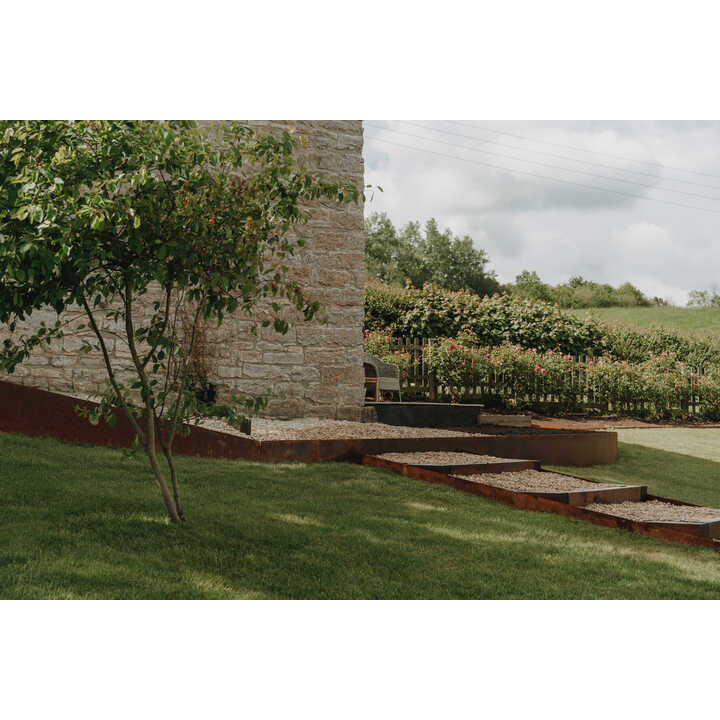 Sloping garden terracing and steps, Weare, Axbridge