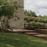 Sloping garden terracing and steps, Weare, Axbridge