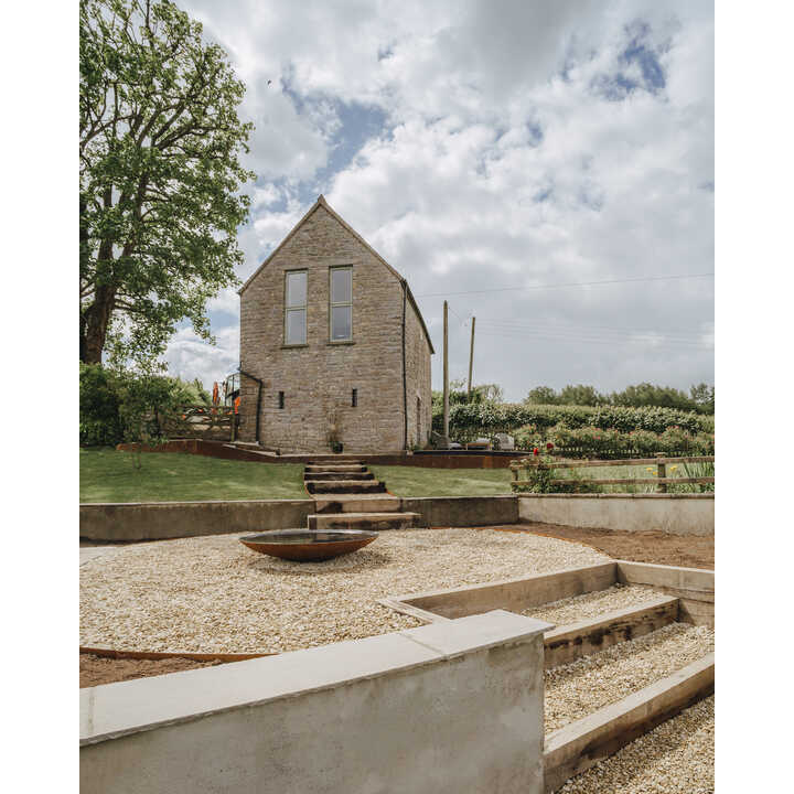 Finished terrace and water feature below the stone outbuilding, Weare, Axbridge