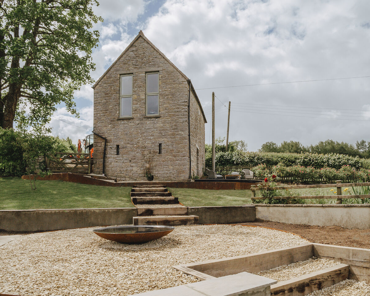 Finished terrace and water feature below the stone outbuilding, Weare, Axbridge