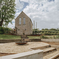 Finished terrace and water feature below the stone outbuilding, Weare, Axbridge