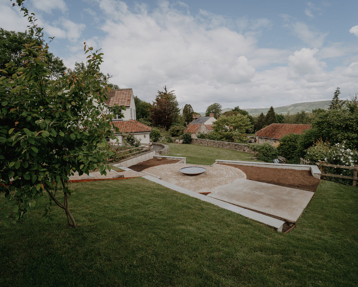 Terracing under construction on a sloping garden, Weare, Axbridge