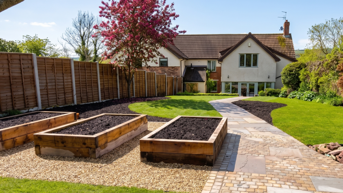 Country garden with raised timber planting beds, gravel courtyard, and a flowering cherry tree designed for a family in Somerset