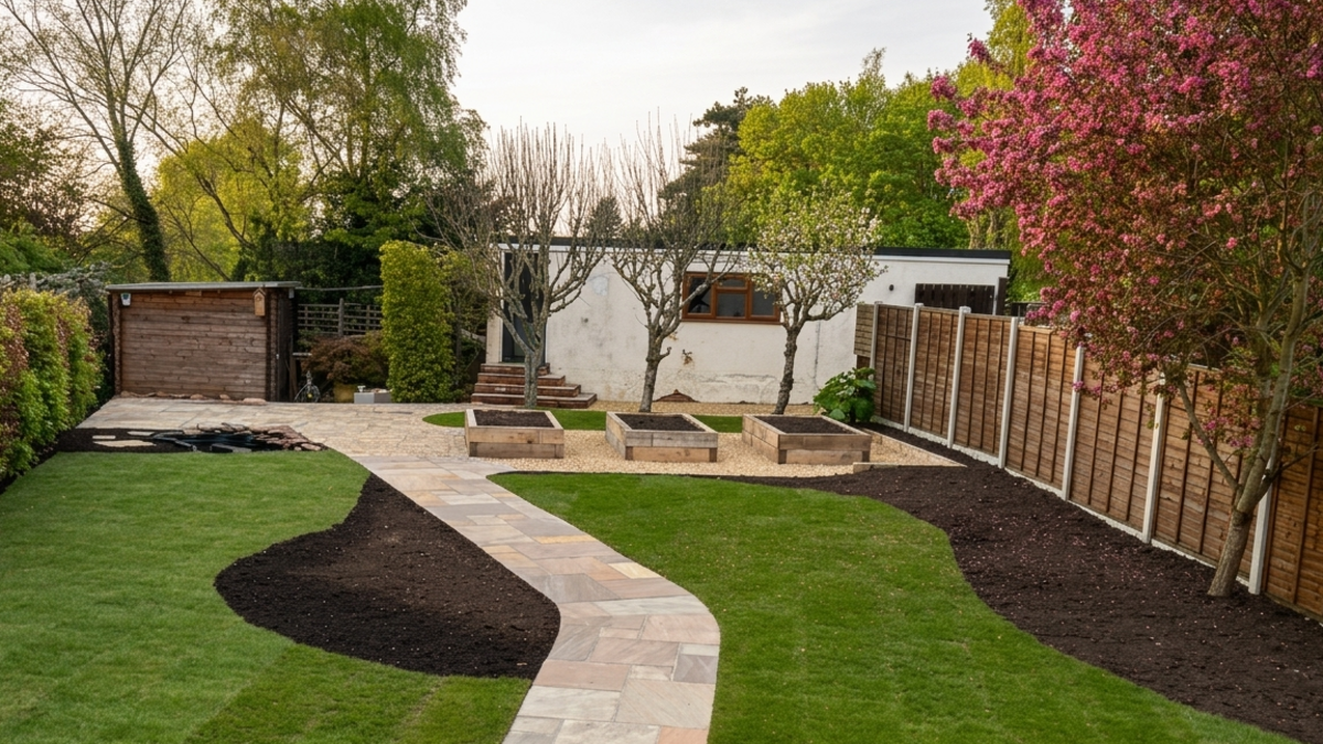 Somerset garden design featuring a curved stone pathway, shaped lawn borders with bark mulch, and a pergola structure