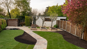 Somerset garden design featuring a curved stone pathway, shaped lawn borders with bark mulch, and a pergola structure