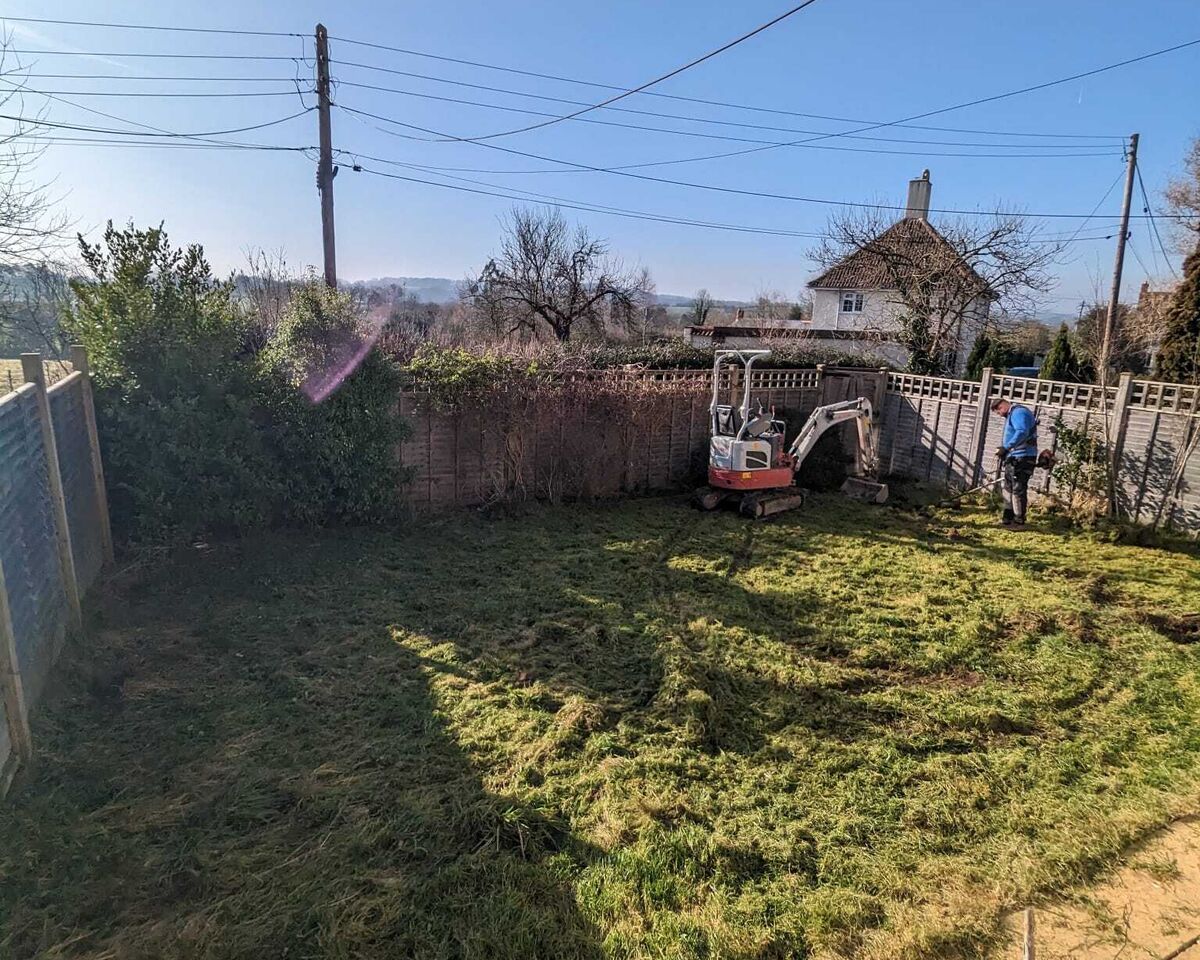 A sunny garden with grass, a fence, and a small tractor in the corner.