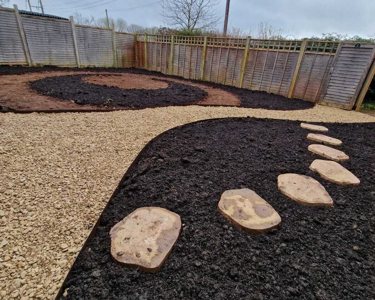 Garden with gravel paths, stepping stones, and mulched areas, enclosed by a wooden fence.