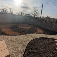 Garden with circular design, gravel path, and surrounding fence under a cloudy sky.
