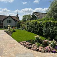 Lush garden path lined with flowers and greenery under a blue sky with clouds.