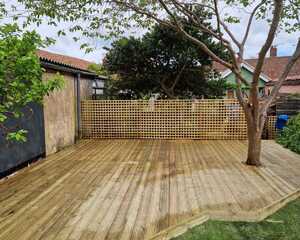 New timber decking with trellis screening built around a mature tree in a small back garden