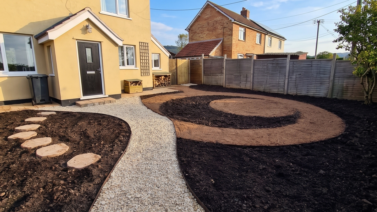 Curved garden layout being landscaped with metal-edged beds, a gravel path and stepping stones outside a Somerset cottage