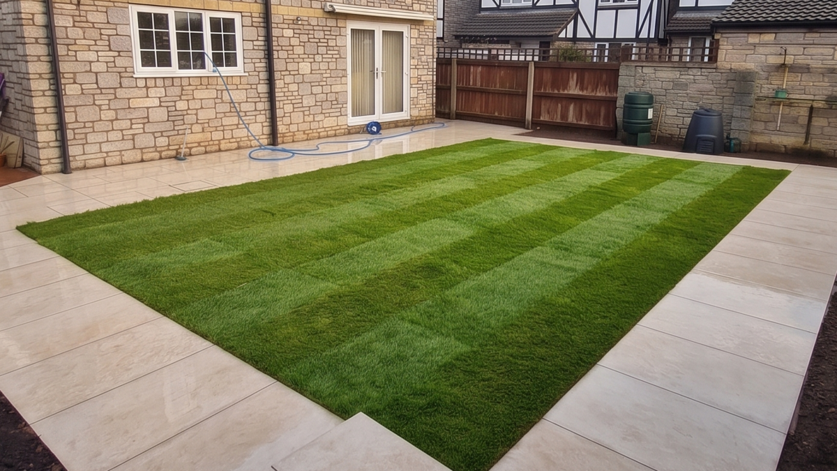 Freshly laid striped lawn framed by a porcelain paving mowing border behind a stone house in Somerset